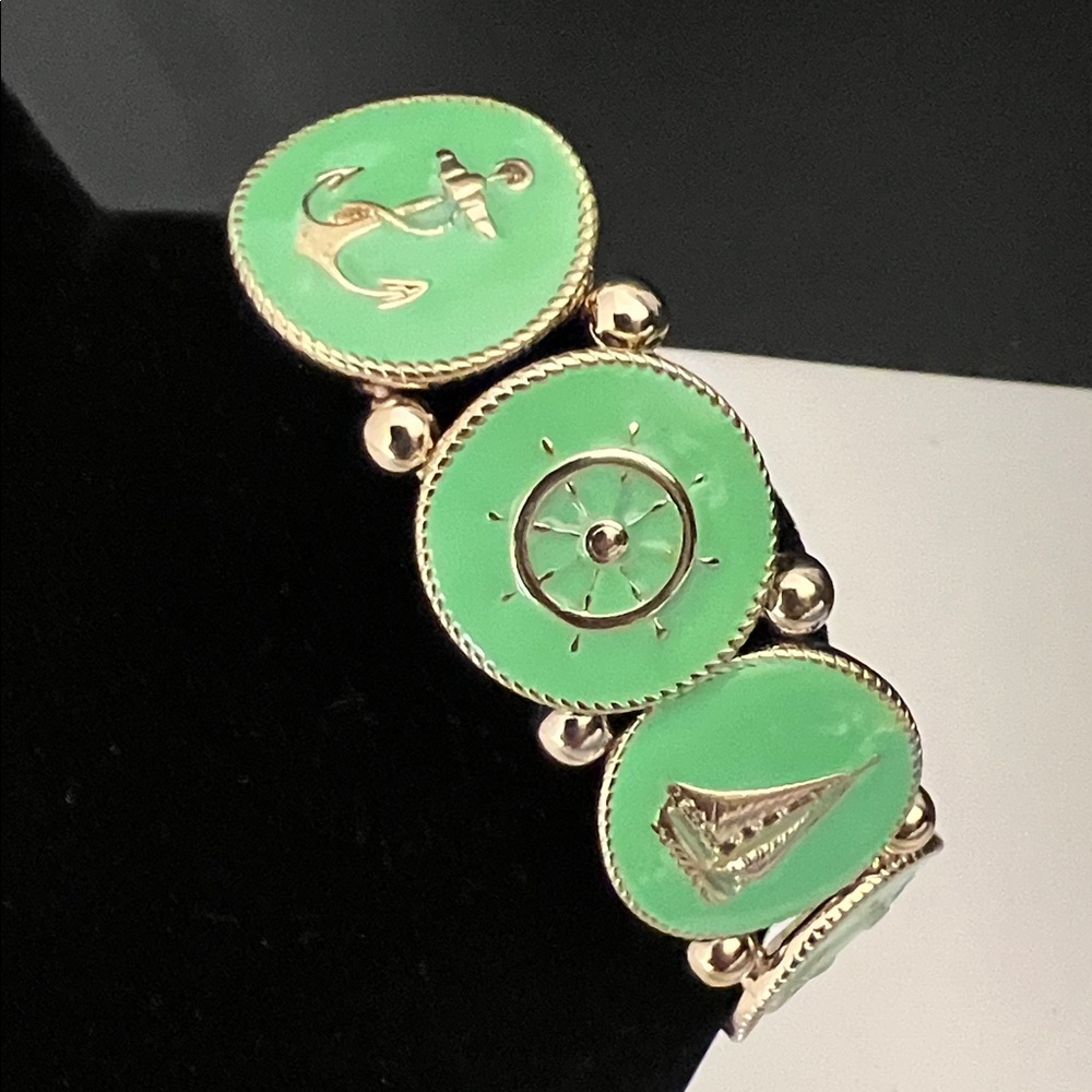 Vintage Mint Green Enamel Gold Toned  Nautical‎ Themed Stretch Bracelet Banglea - Picture 2 of 5